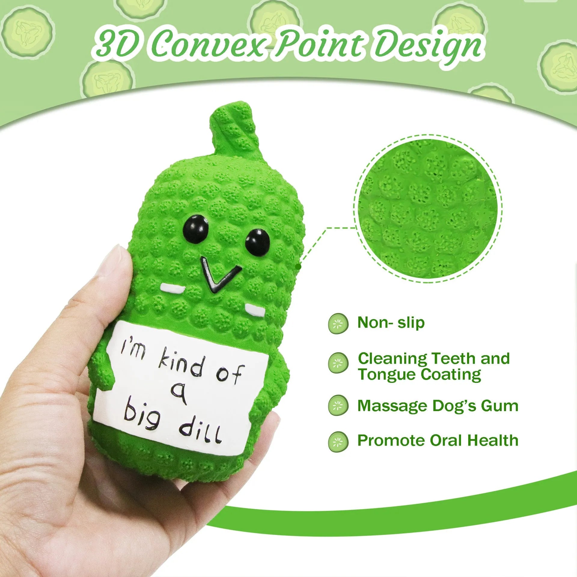Green pickle-shaped squeaky dog chew toy with textured exterior for dental cleaning
