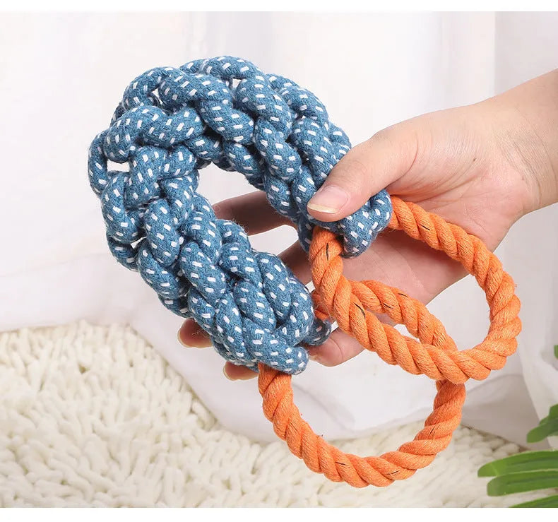 Blue braided bone rope dog toy with double rings for chewing and dental care