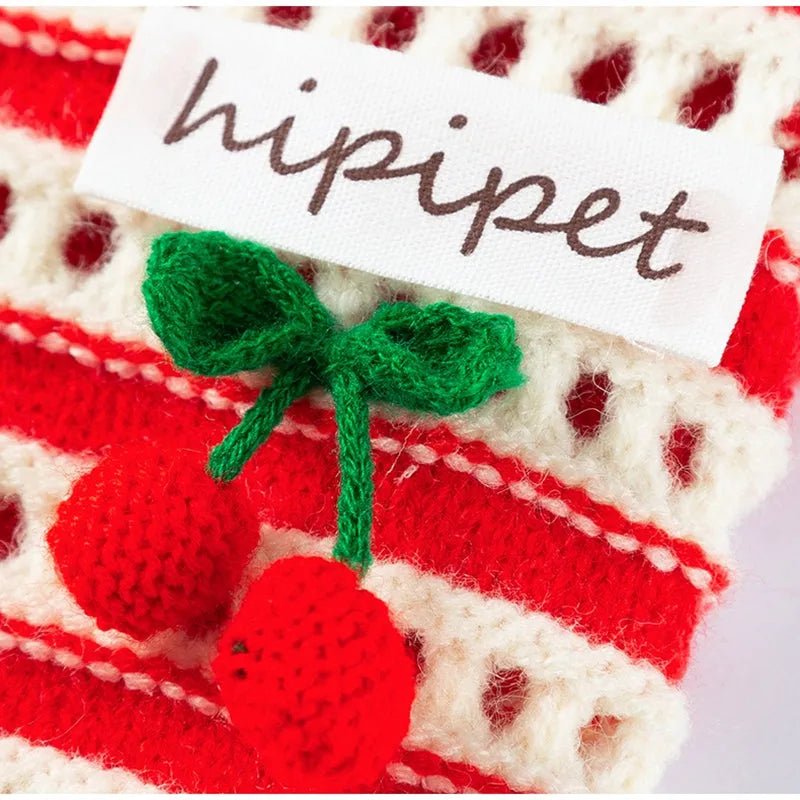 Red and white knitted pet sweater with cut-out detail and 3D cherry embroidery for small dogs and cats