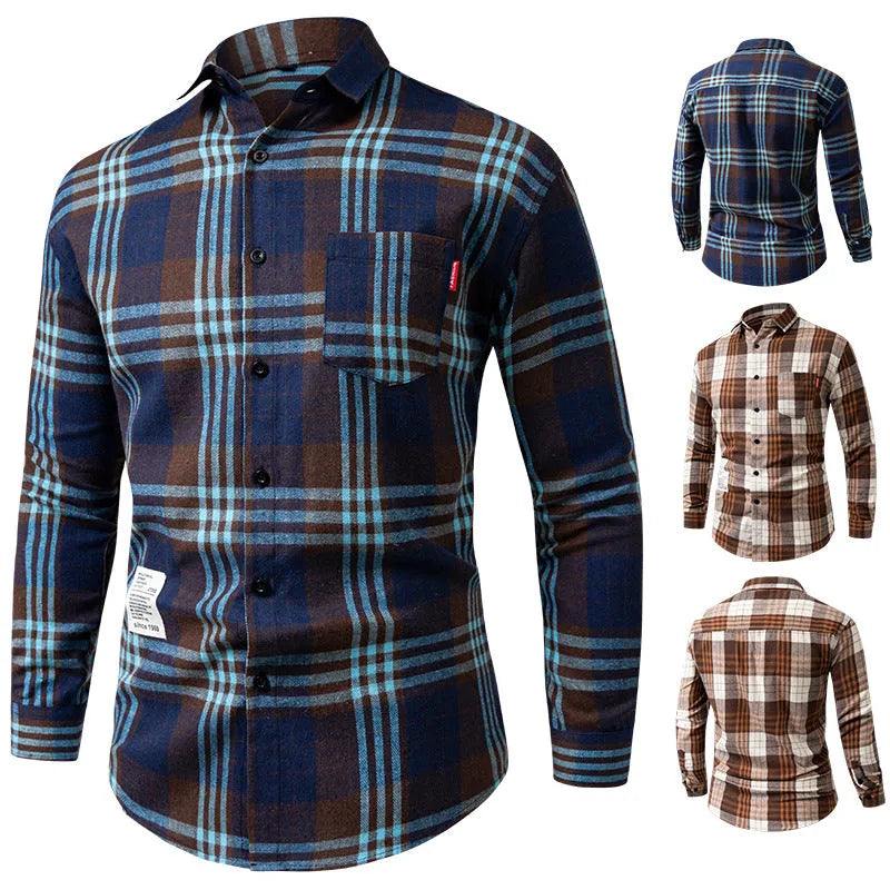 Men's loose-fit long-sleeved polyester plaid shirt in brown grid, Korean-style spring cardigan