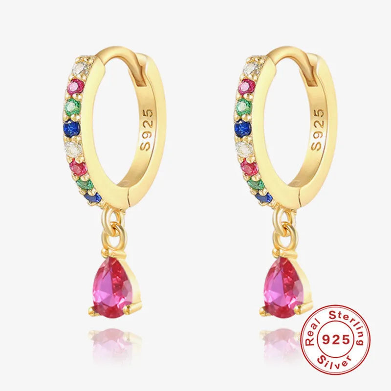 S925 sterling silver geometric water drop earrings with a choice of gold or silver tone finish and coloured gemstone centre.