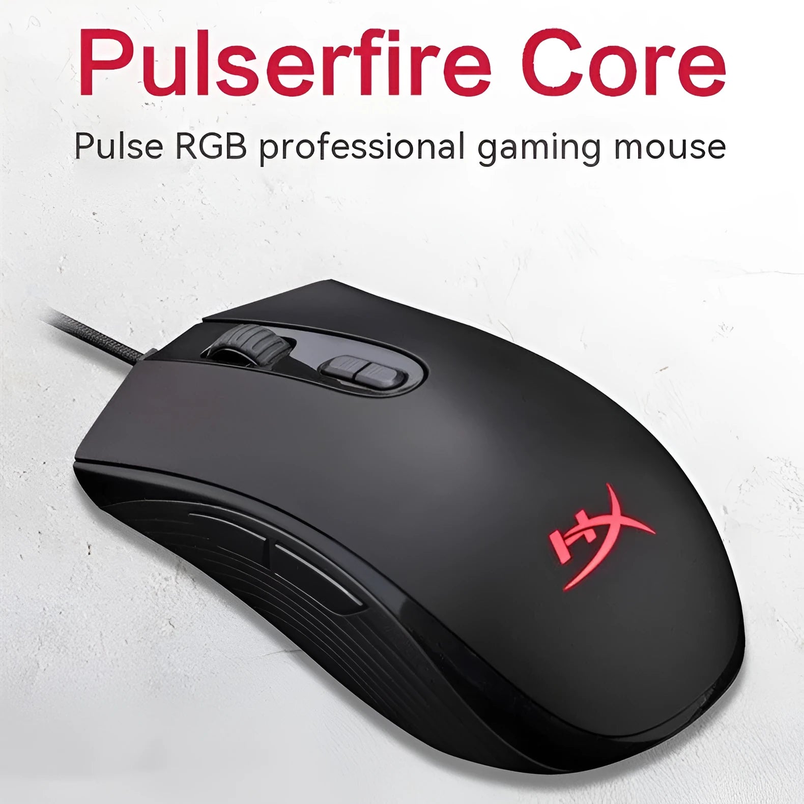 Pulsefire Core RGB wired gaming mouse in black and pink colours with glowing lighting and USB cable.