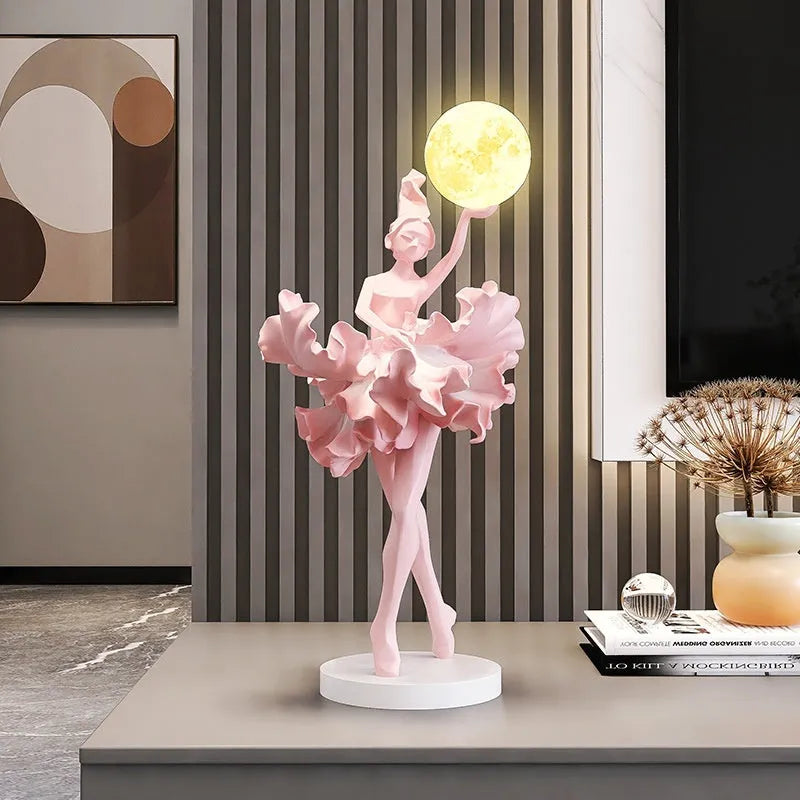 Girl's art decoration small night lamp resin ballet dancer pink colour on wine cabinet table