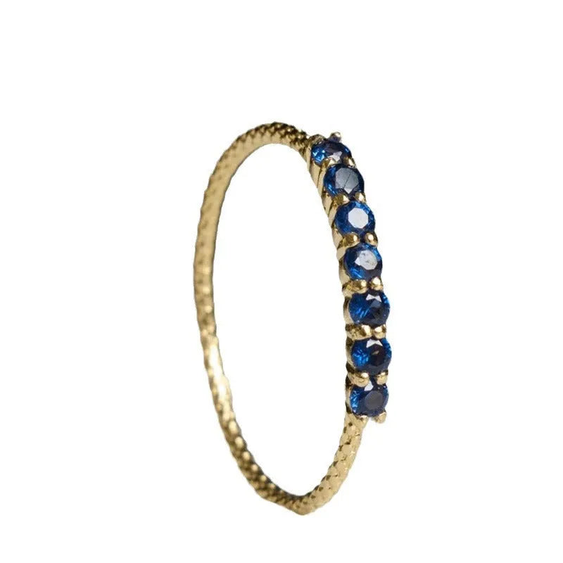 Retro gold copper thin row blue zircon geometric index finger ring for women