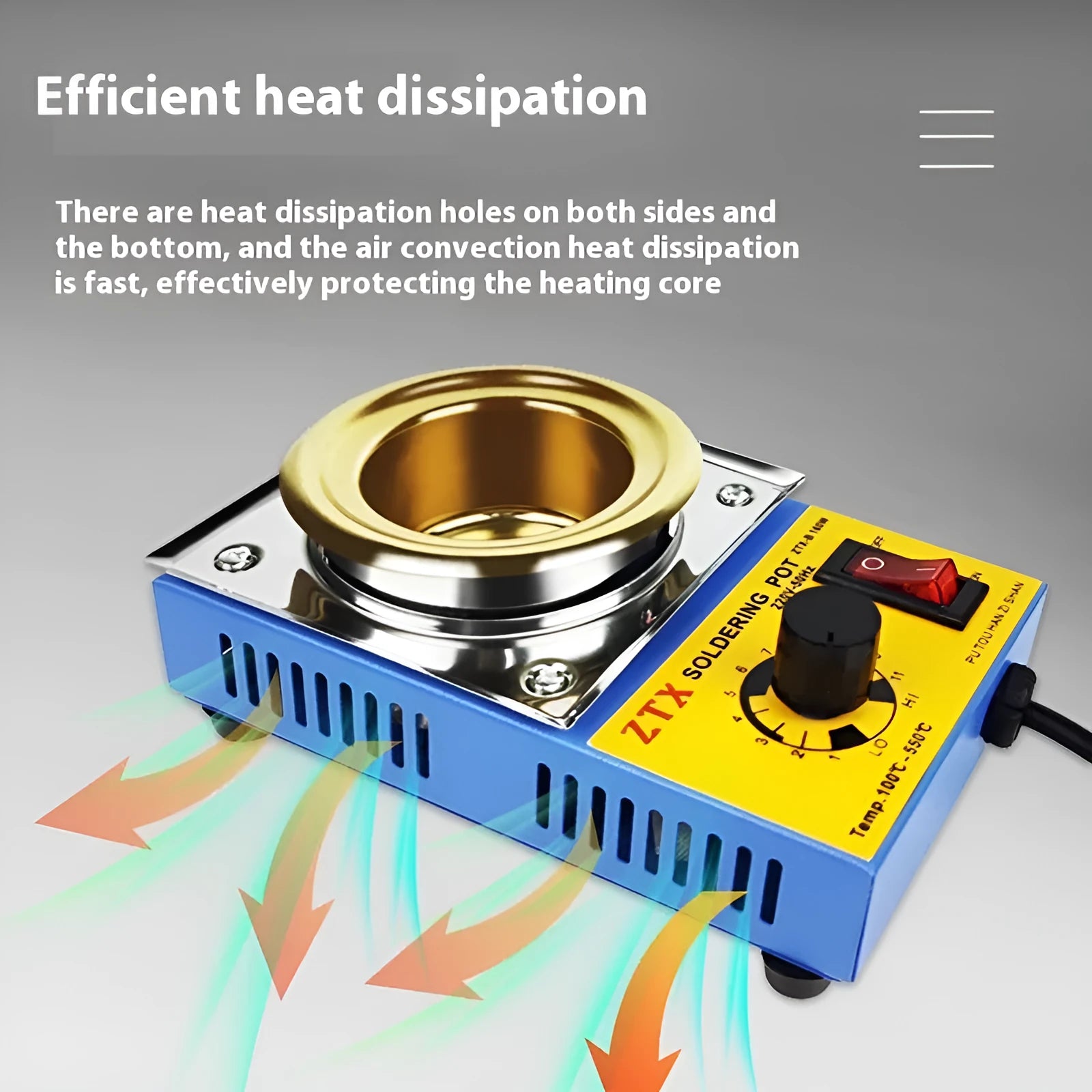 Desktop tin melting furnace with temperature control dial and titanium-plated construction for soldering applications