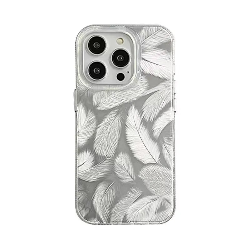 Feather pattern gradient TPU phone case in silver grey with small feather design for iPhone