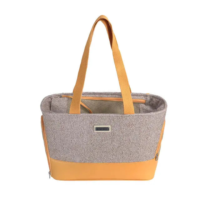 Portable pet carrier backpack with a clear bubble window, shown in a beige and brown colour option.