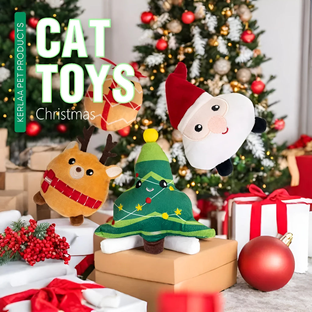 Christmas cat plush toy with catnip in festive designs including elk, tree, Santa and egg