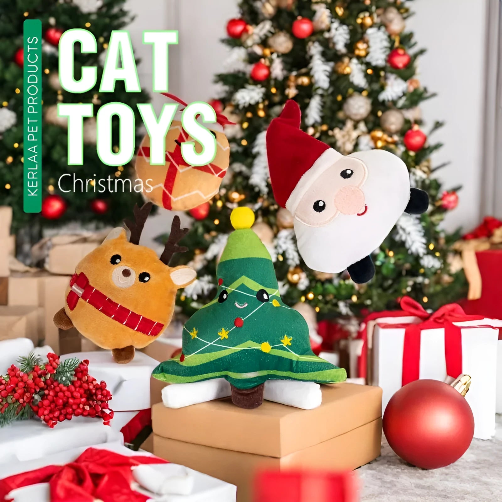 Christmas cat plush toy with catnip in festive designs including elk, tree, Santa and egg
