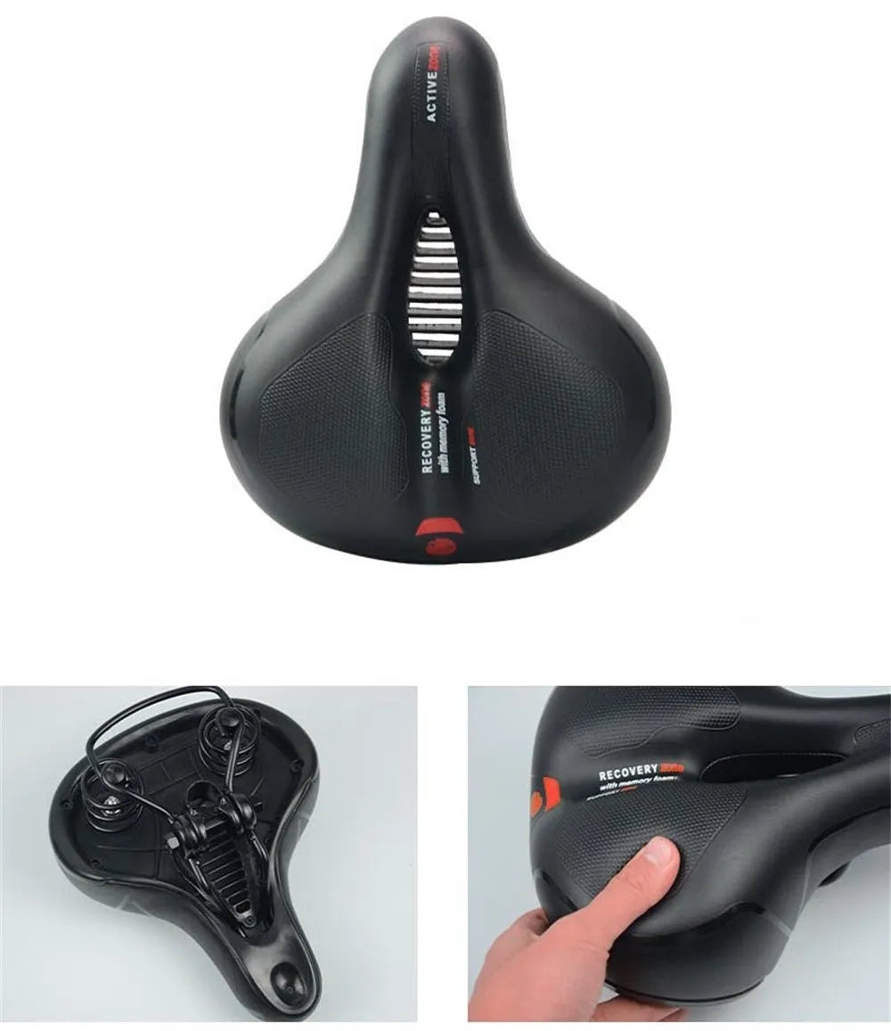 Soft silicone gel bicycle saddle cushion with PU leather cover, wrench, and tyre repair kit