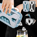 Portable silicone ice ball mould and water bottle in light grey, sky blue, or transparent white colours