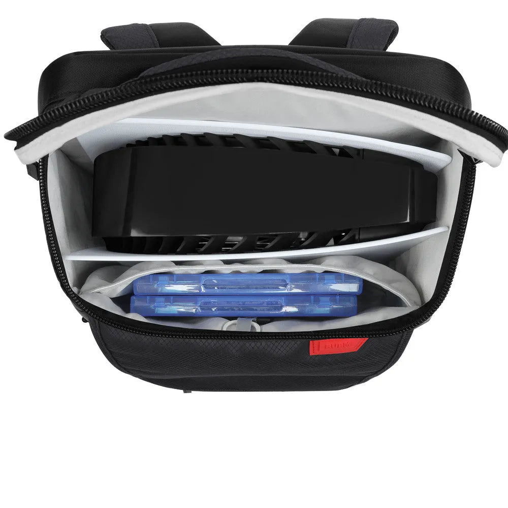 Black nylon game console storage bag for PS5 and console kits, 49 x 33 x 24cm, sewn construction, one bag.