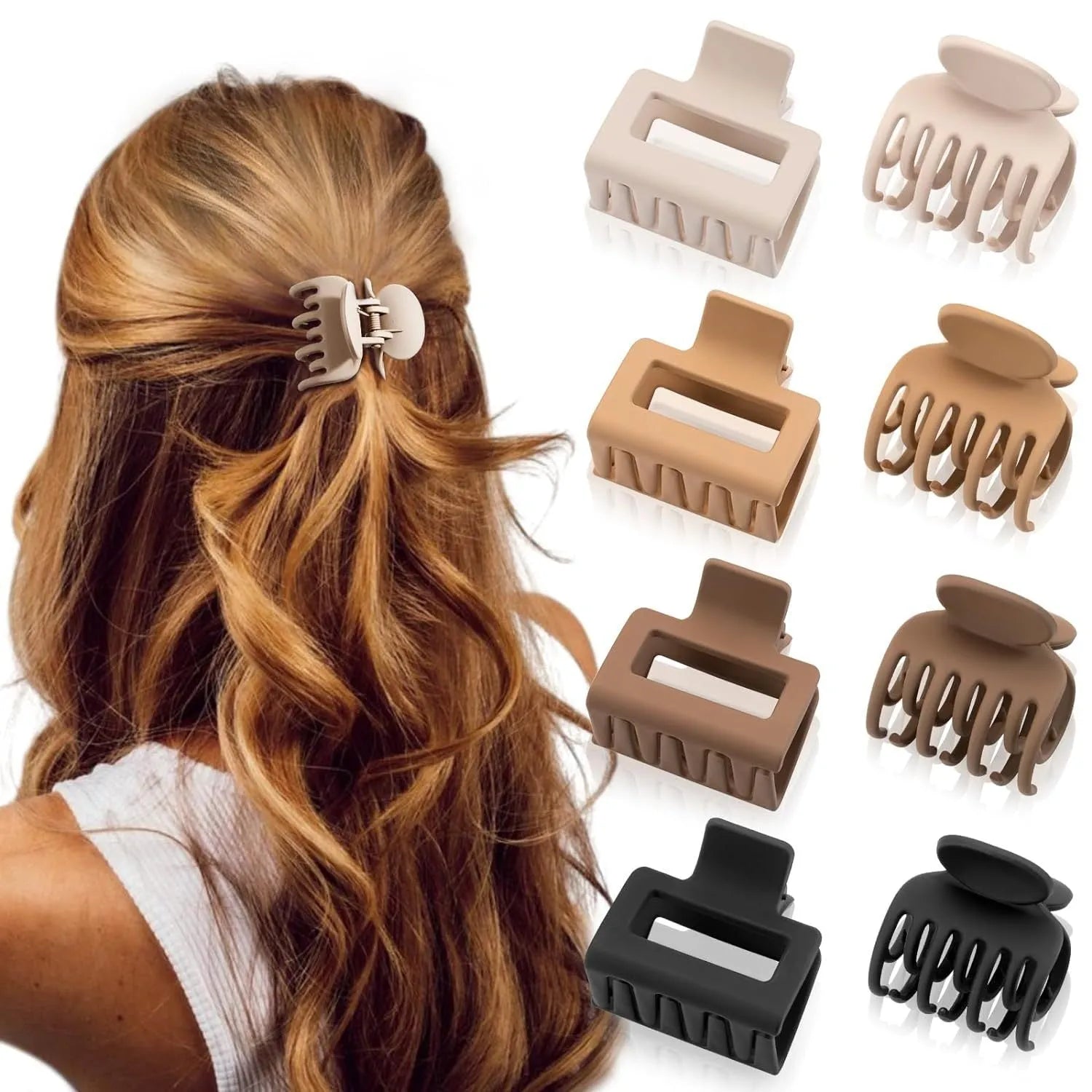 Six nude-coloured plastic hair clips with frosted grip and pointed toe design arranged on white background