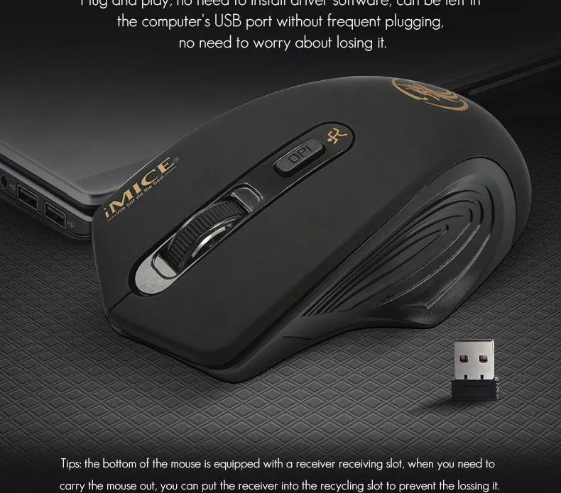 2.4G wireless silent ergonomic mouse in black with four buttons and USB receiver