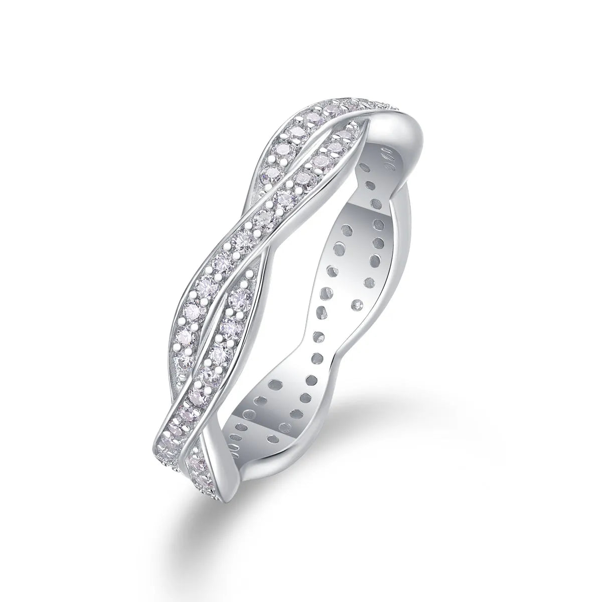 Moissanite wedding ring set in S925 silver with platinum plating on a white background