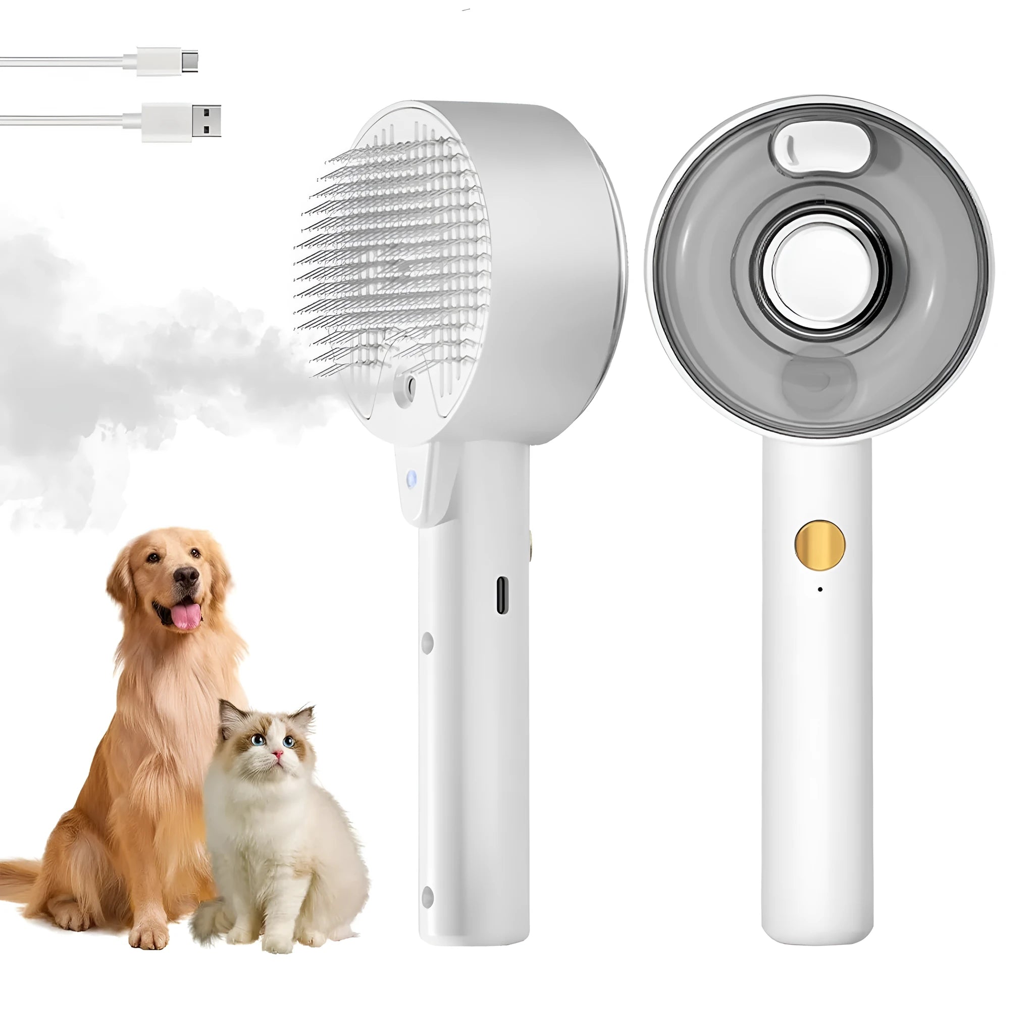 Pink and white cat grooming brush with mist spray function and stainless steel comb