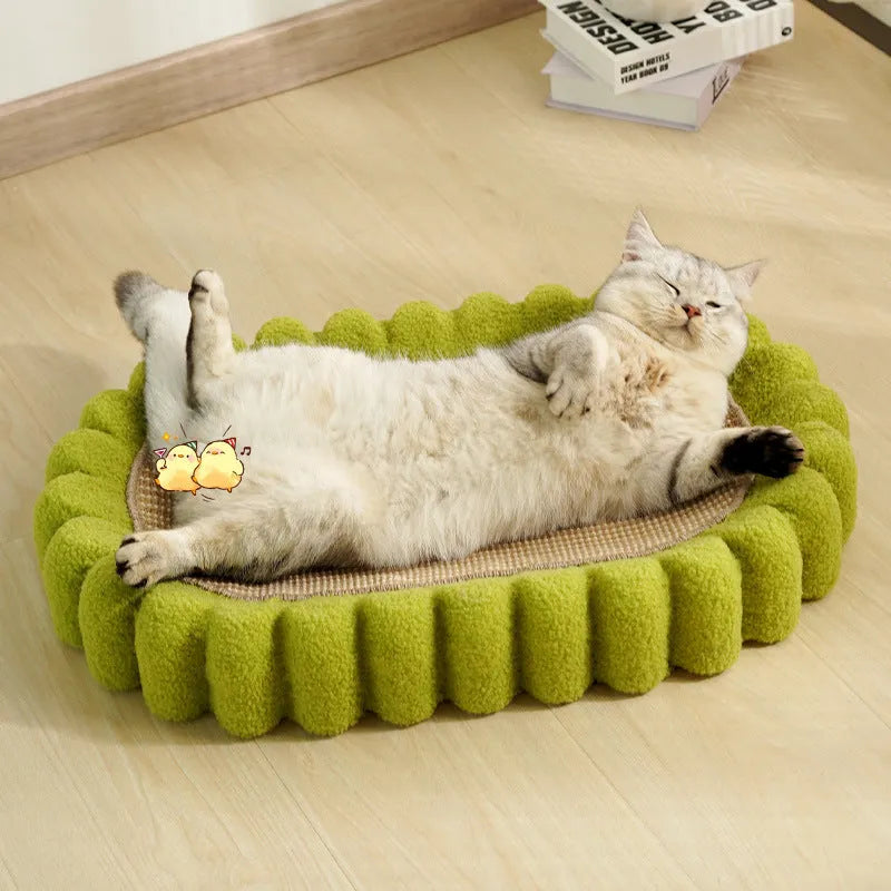 Green oval cat scratch pad bowl made of sisal measuring 650mm x 420mm