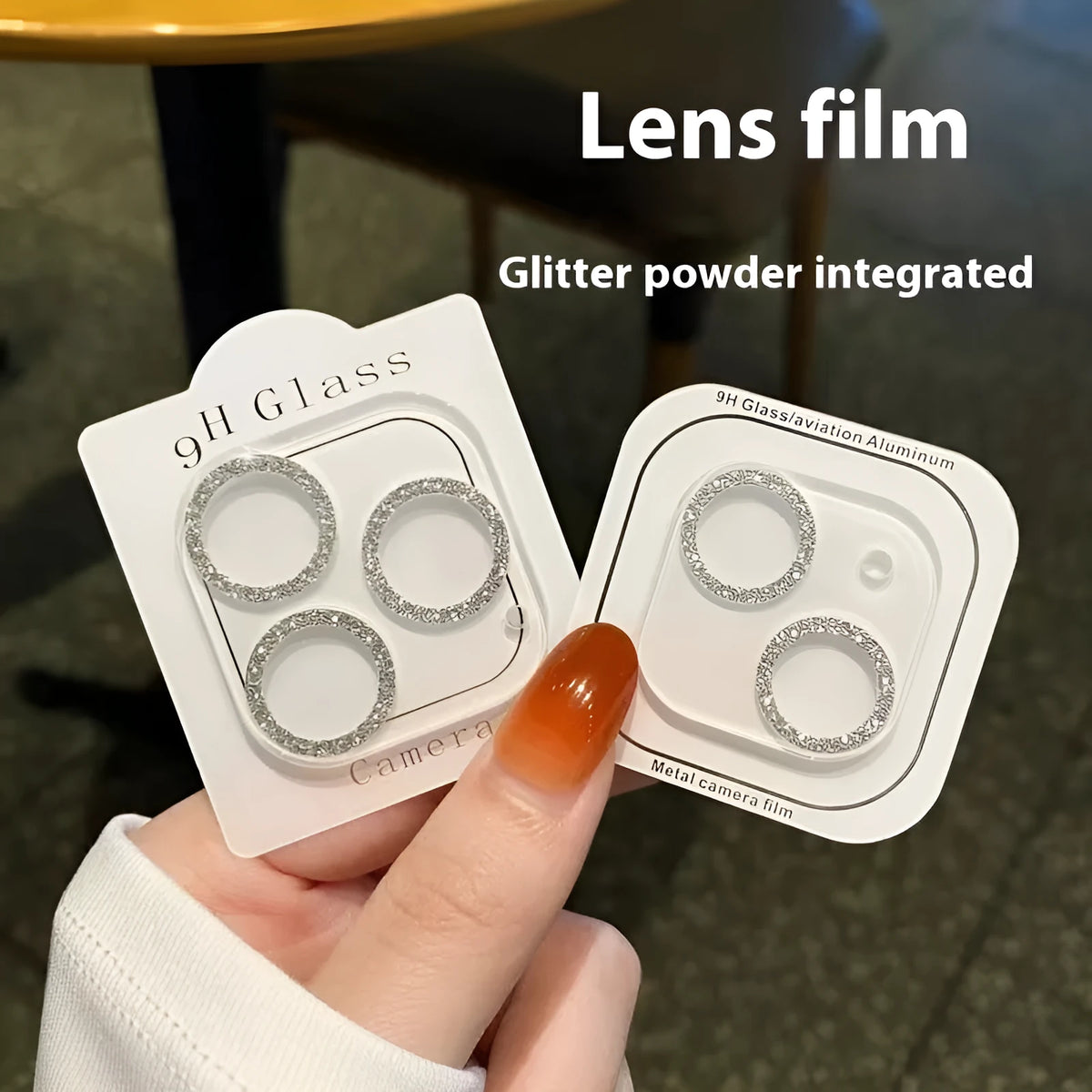 Integrated glitter tempered glass lens protector for Apple iPhone with rhinestone finish, available in multiple colours