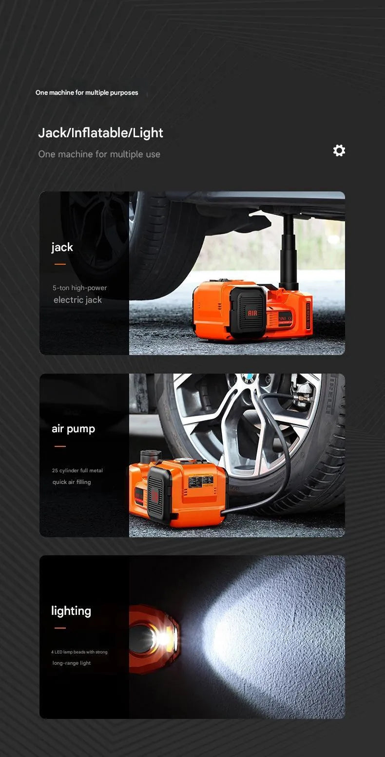 12V electric hydraulic jack off-road edition 3-in-1 tire change tool with inflator hose and wrench on storage bag
