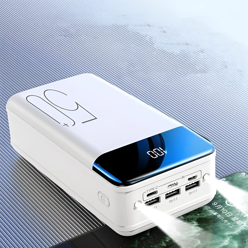 Large black and white 50000 mAh power bank showing three USB output ports