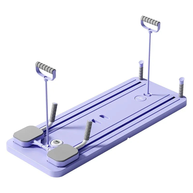 Purple multi-functional fitness board with automatic rebound abdominal wheel for home exercise.