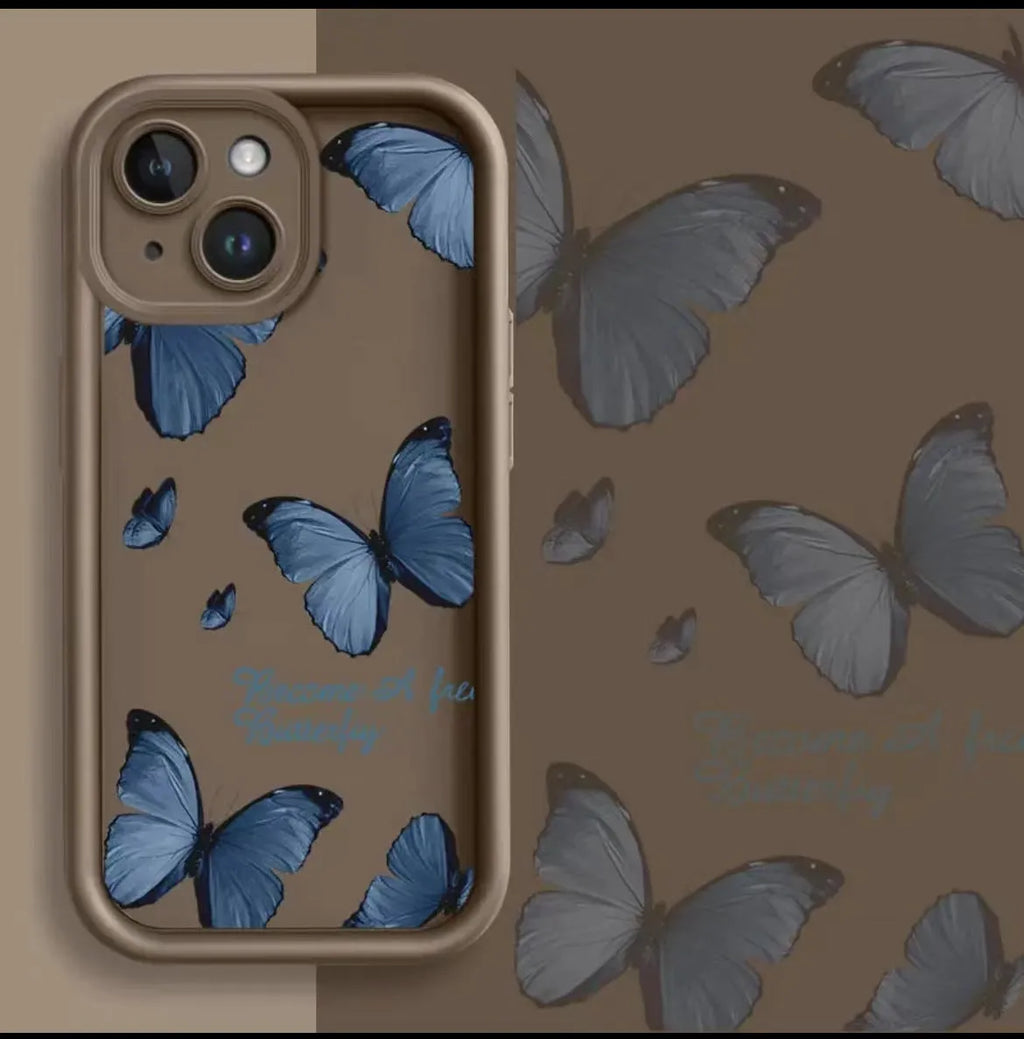 Blue butterfly printed edge drop-resistant TPU phone case for Apple iPhone in black