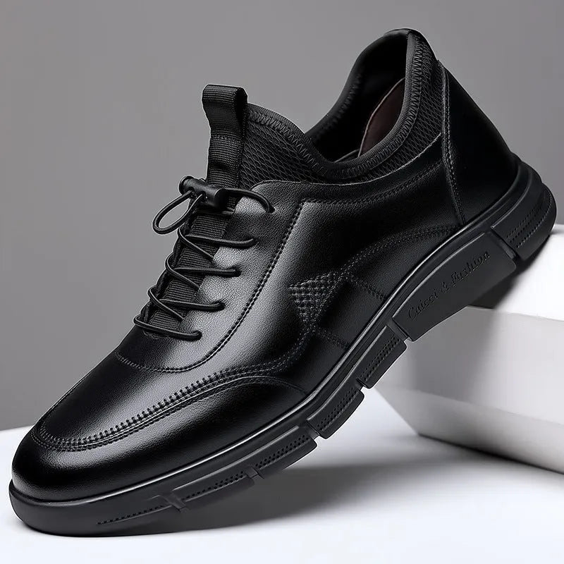 Men's black leather casual shoes with square heels and rubber soles