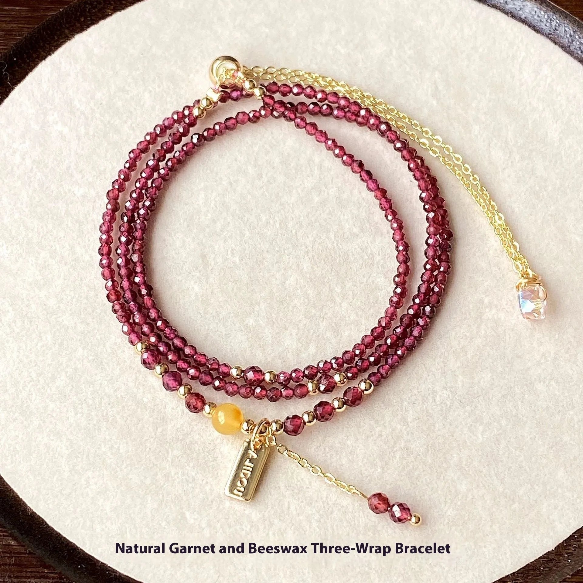 Wine red garnet bracelet necklace set with beeswax cut surface and three circle design
