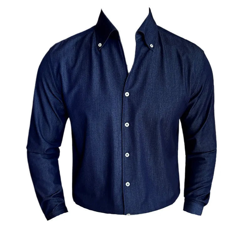 Men's slim fit long-sleeved denim shirt in solid colour with cardigan styling