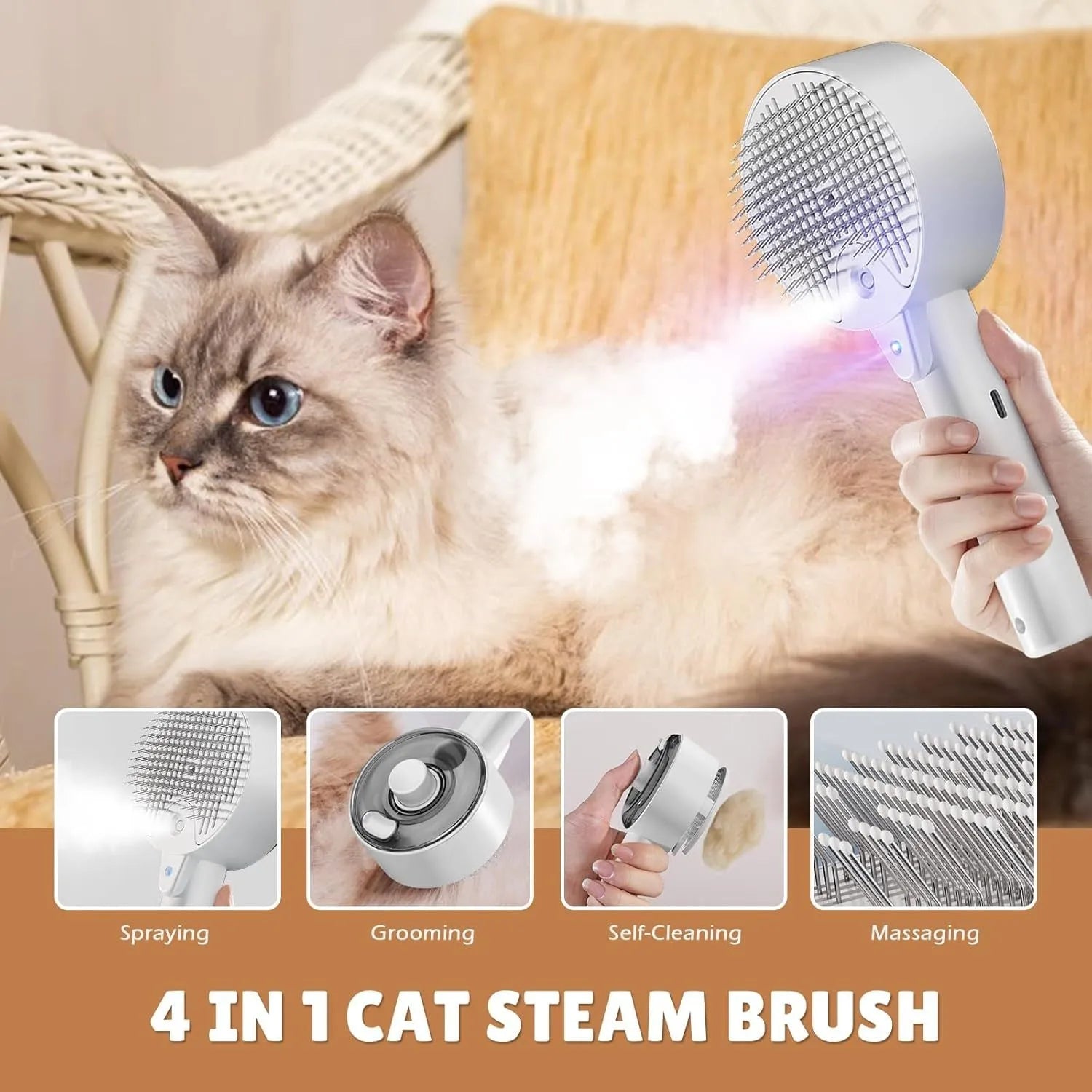 Pink and white cat grooming brush with mist spray function and stainless steel comb