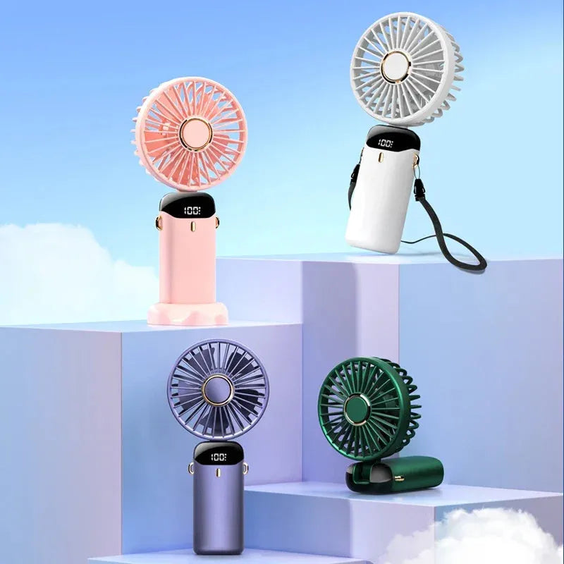 Blue USB rechargeable portable handheld fan shown in neck, desk, and handheld modes with digital display