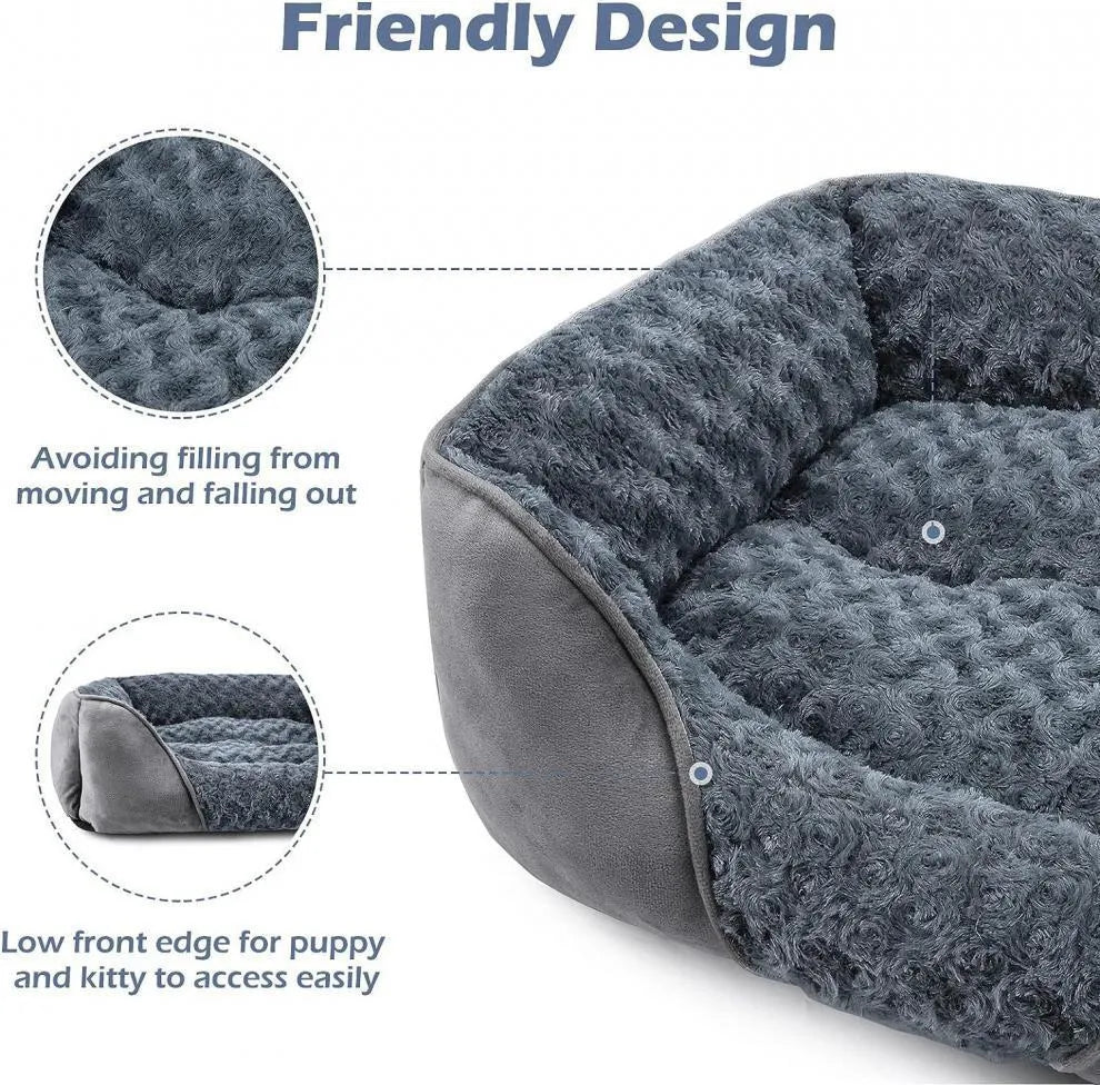 Golden retriever stuffed plush pet kennel bed for dogs and cats in beige.