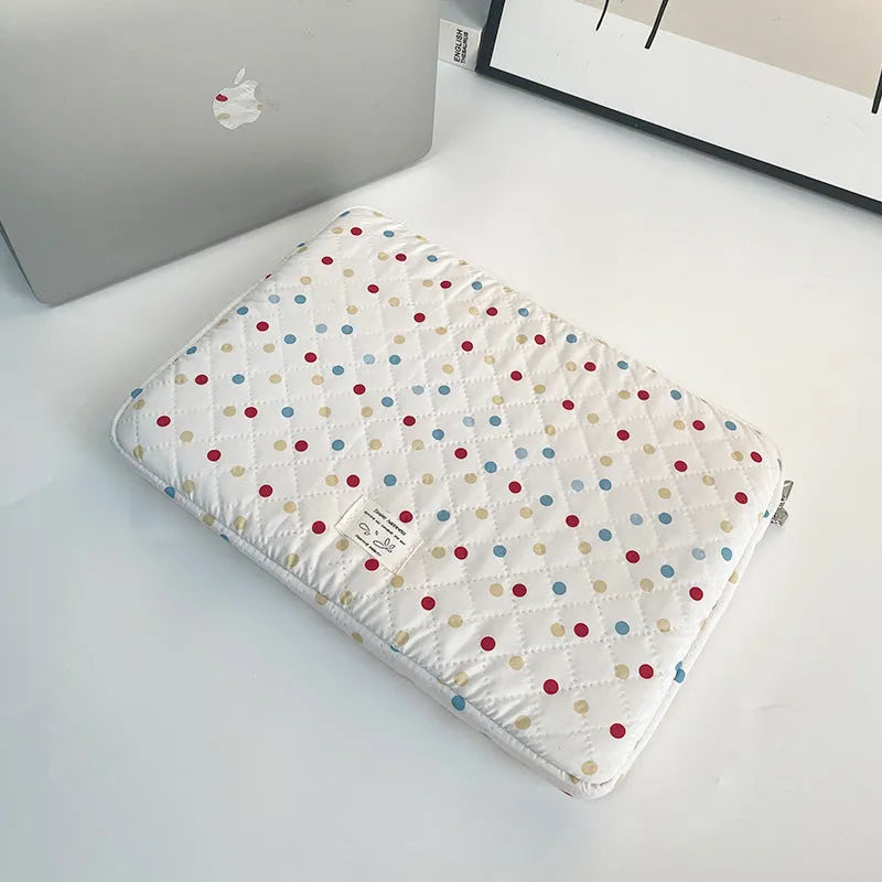 Women's polka dot polyester laptop bag showing three size options