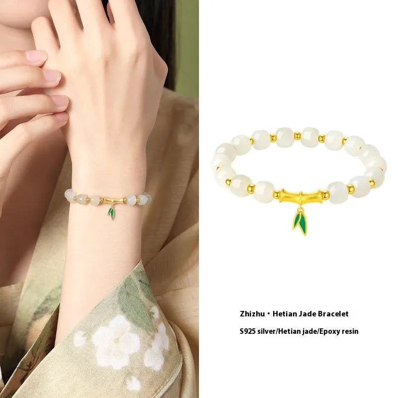 S925 sterling silver bracelet with natural Hetian jade beads and bamboo leaf design elements