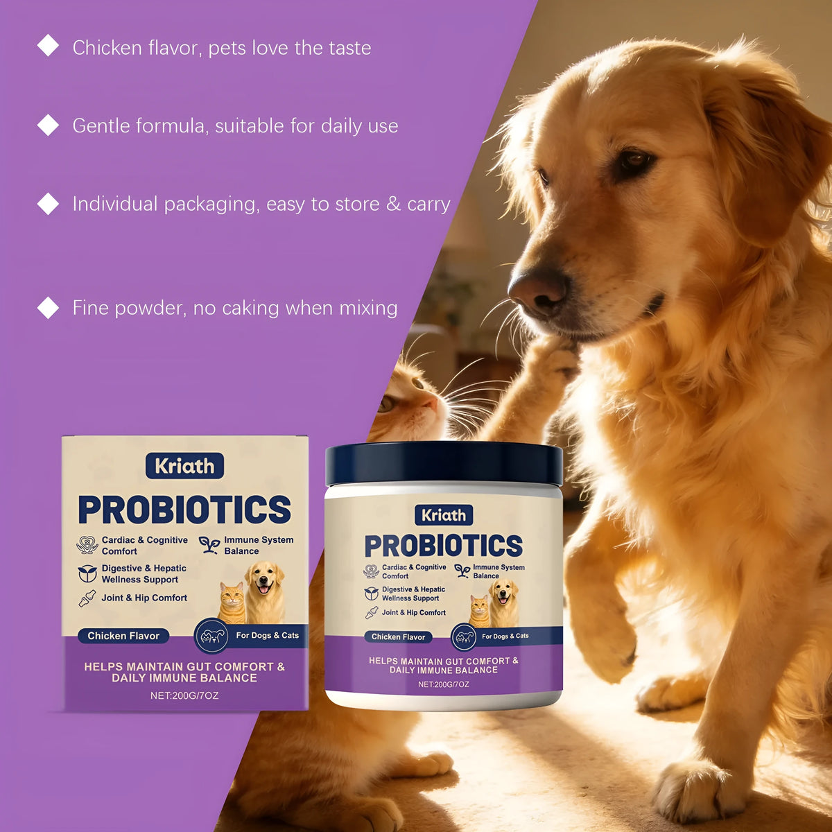 200g probiotic powder for pet intestinal care with Bacillus subtilis, fructooligosaccharides, glucose and chicken powder
