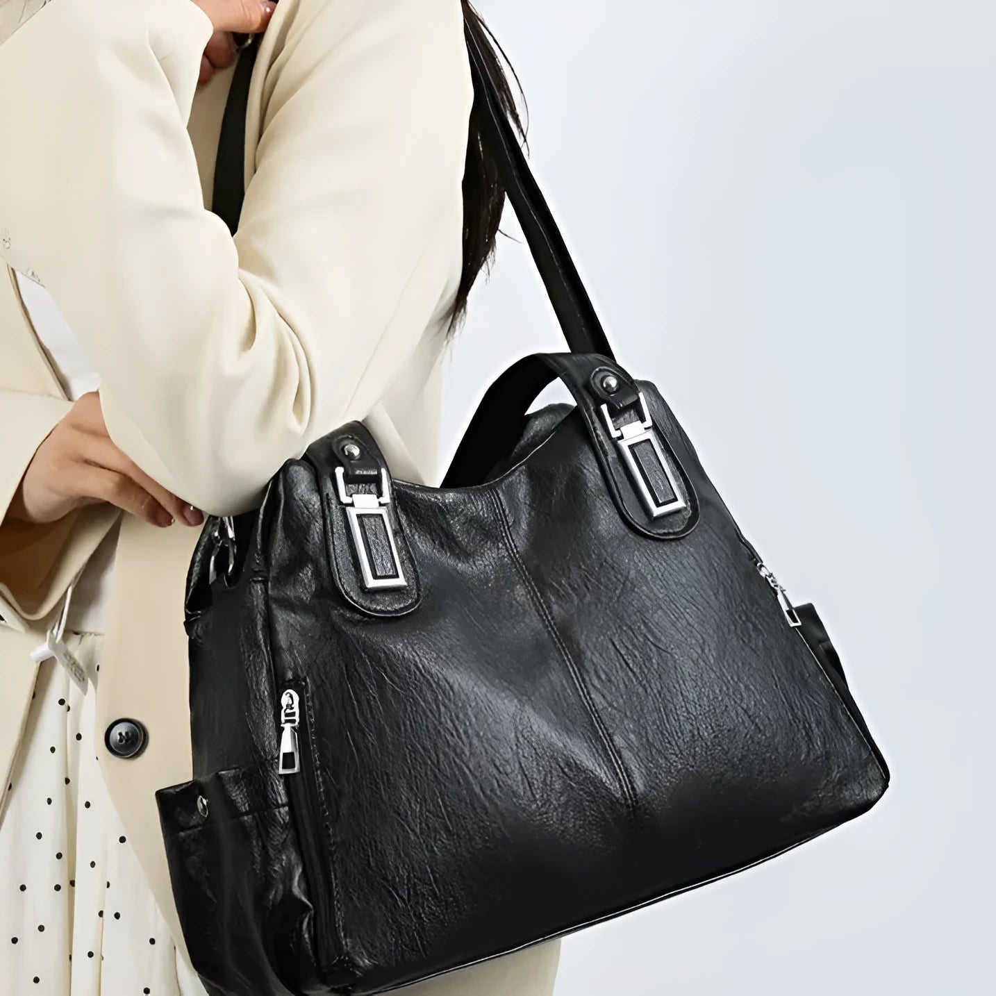 Soft PU women's tote bag in square vertical shape with single shoulder strap and internal zipper pocket