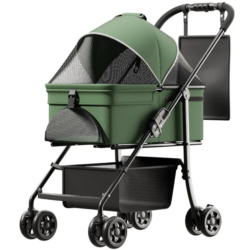 Black folding pet cart with large capacity interior and detachable metal frame design