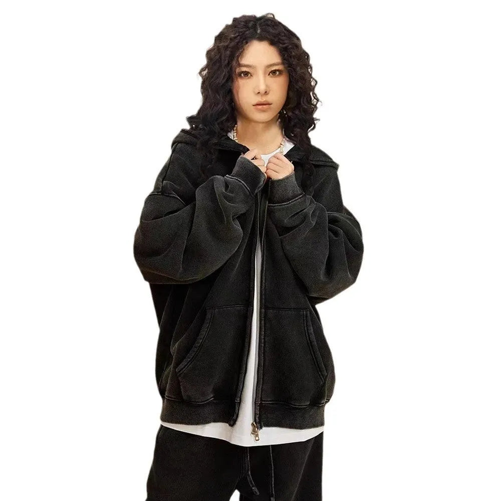 Men's vintage-style cotton hooded cardigan in washed colours with double zipper front