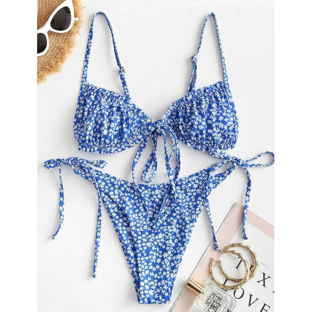 Blue women's bikini swimsuit with printed rope band design, short sleeves, and a lapel collar.
