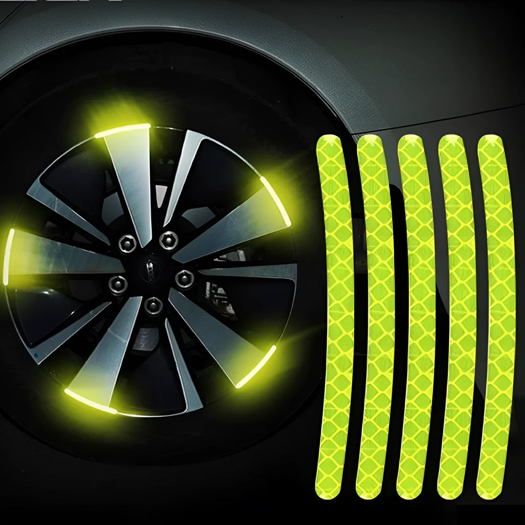 Pack of 20 multi-colour reflective PVC stickers for car wheel hub safety.