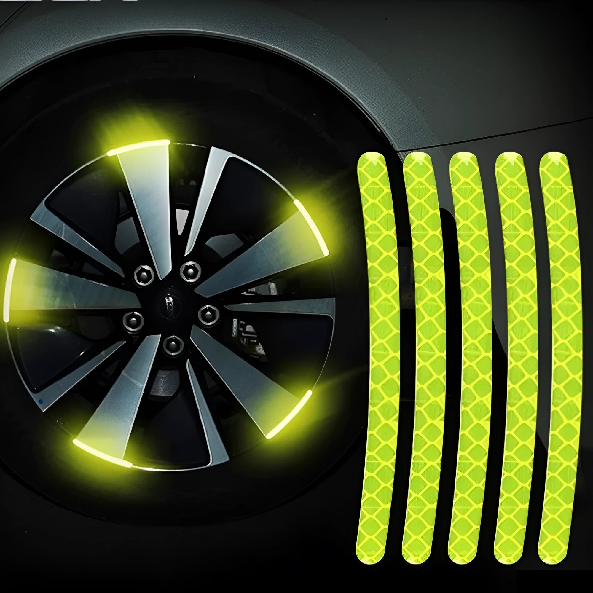 Pack of 20 multi-colour reflective PVC stickers for car wheel hub safety.