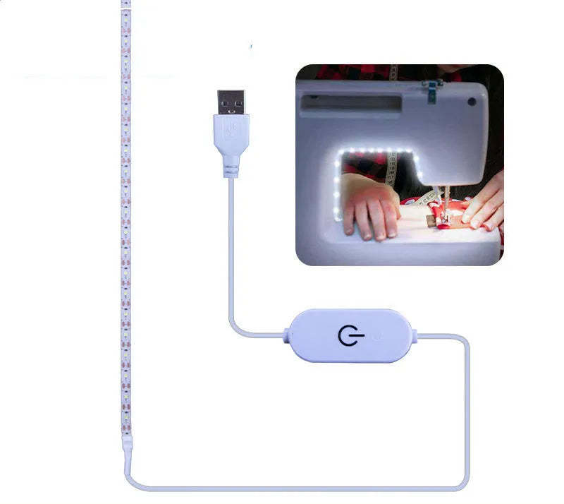 Flexible silicone USB LED light strip bent into a curve, showing touch control button and 3M adhesive backing.