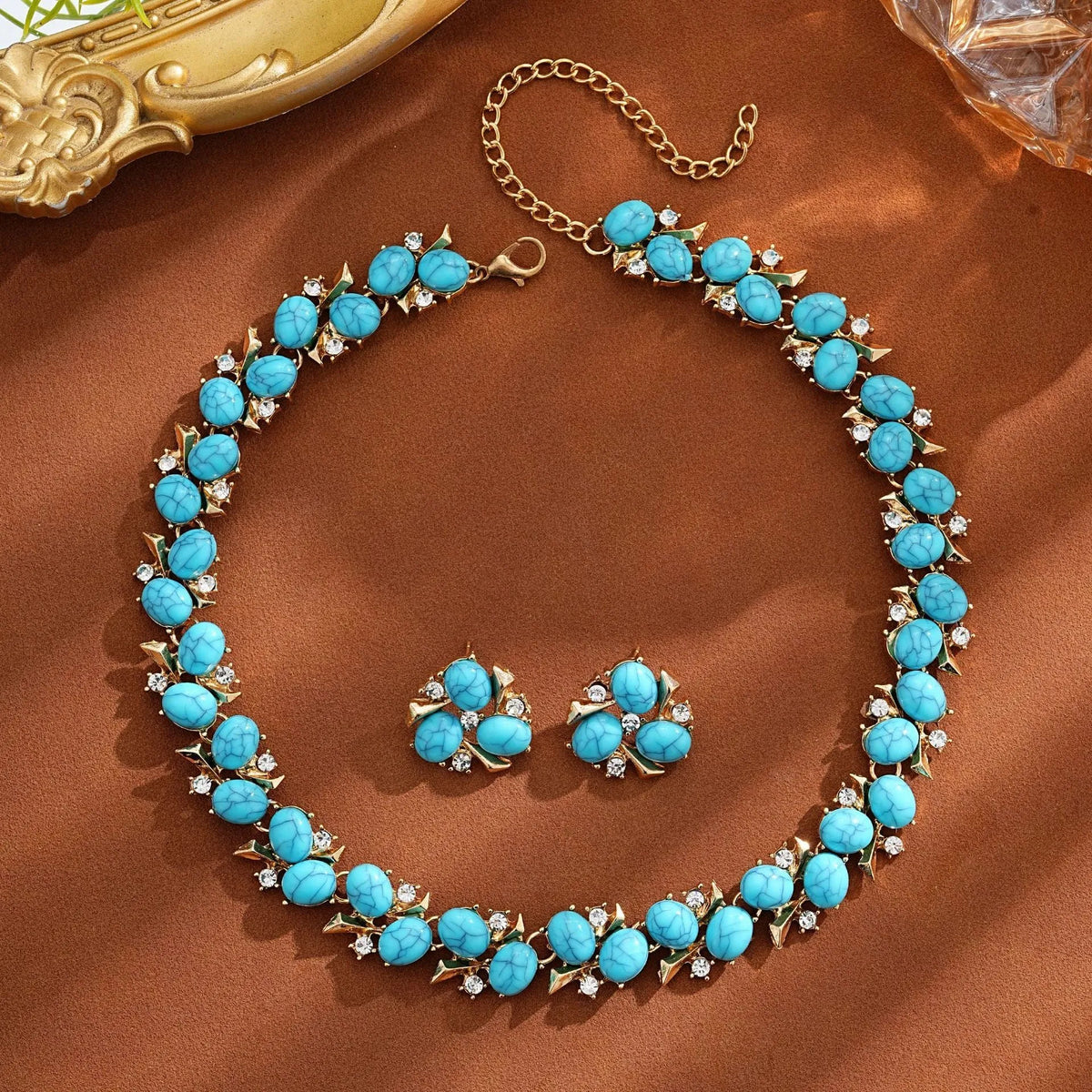 Turquoise pearl necklace and earrings suite with geometric rhinestone pendant on 41-50cm clavicle chain in peacock blue or yellow