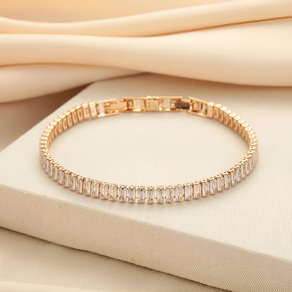 Women's geometric brass bracelet with zircon stones in rectangular design