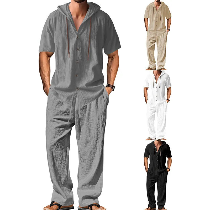 Men's casual cotton sports suit set with long sleeve top and trousers on a hanger.