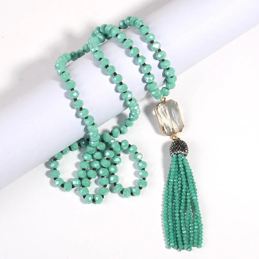 Square glass pendant necklace with glass tassel, electroplated finish, knot chain, 81cm length, bohemian style