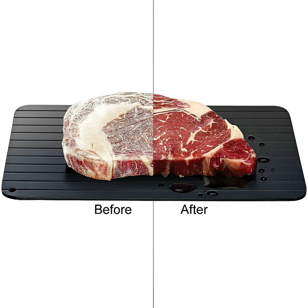 Black rectangular aluminium fast defrost tray for thawing frozen meat and food