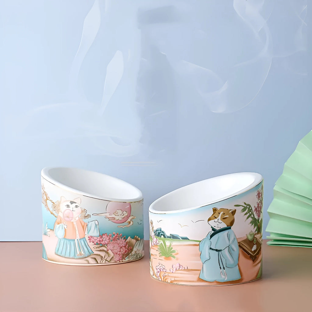 Chinese style ceramic cat bowl with high leg stand and dual feeding compartments