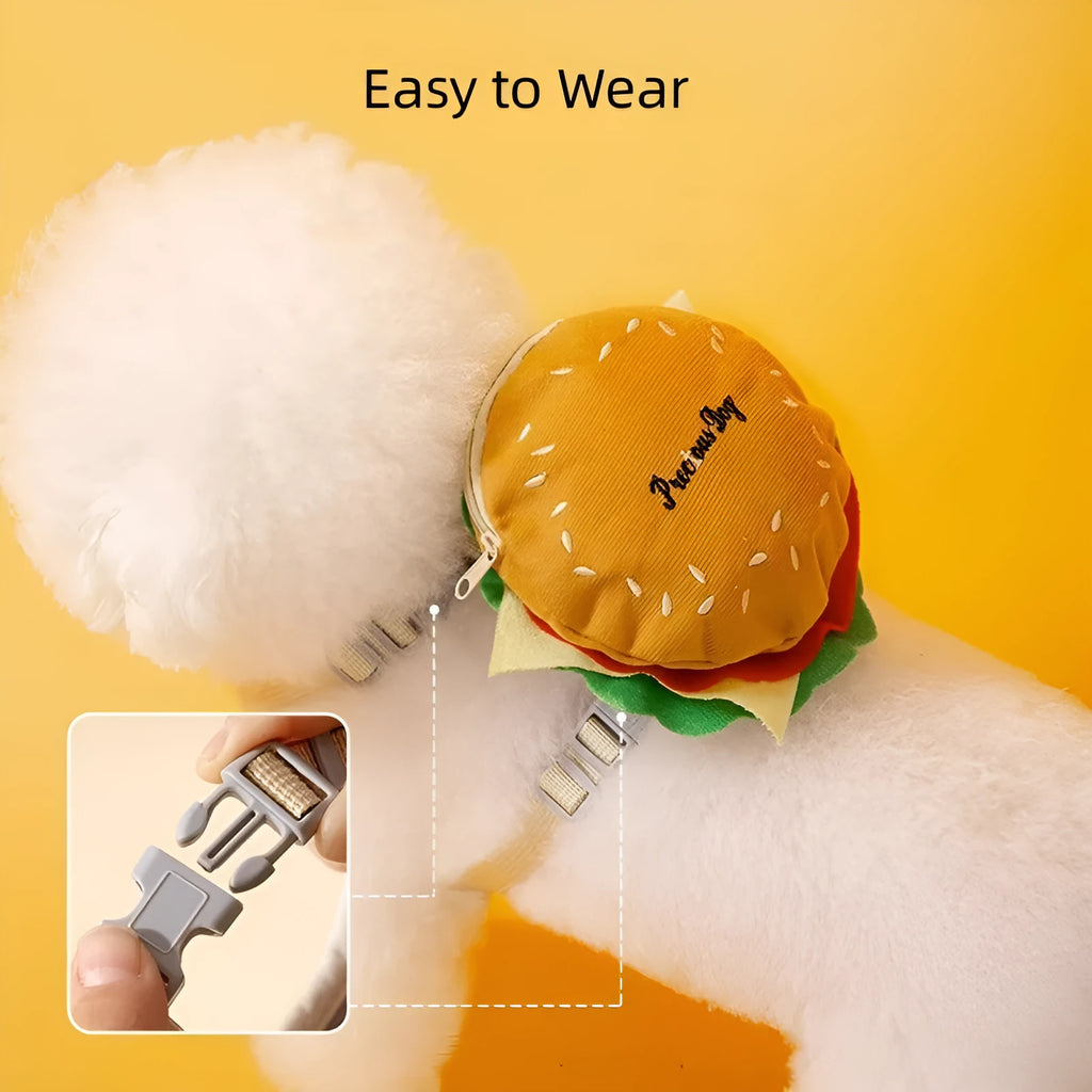 Cartoon hamburger and chips design adjustable vest leash for dogs with backpack.