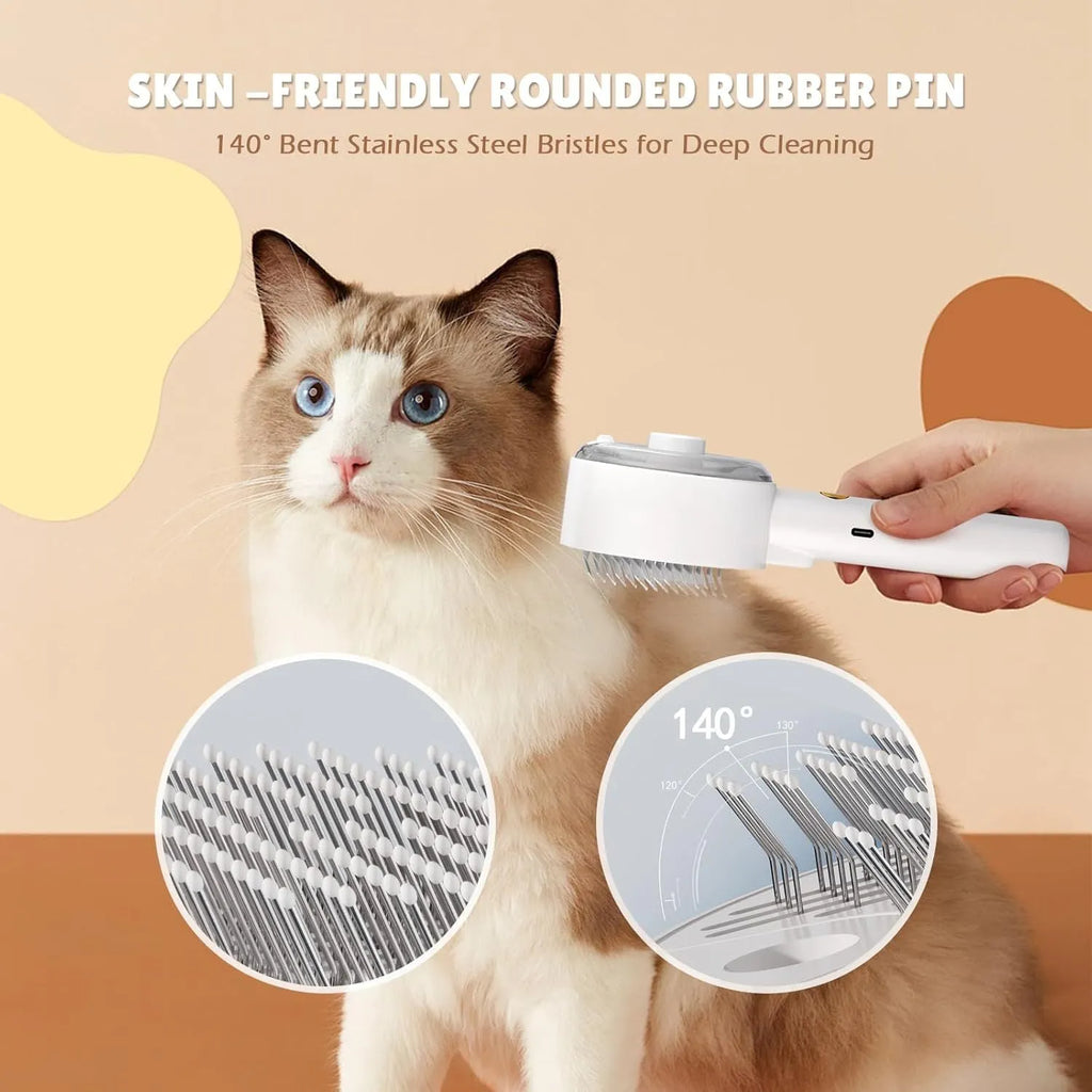 Pink and white cat grooming brush with mist spray function and stainless steel comb